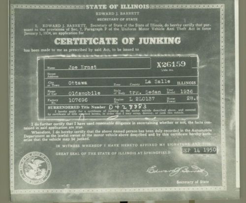 Rare 1936 oldsmobile touring sedan certificate of junking state issued document