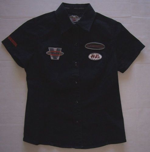 Vintage women&#039;s harley davidson button front cap sleeve pit crew shop shirt sm