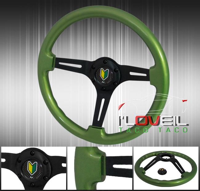 345mm green wood grain black center steering wheel + jdm beginner button horn