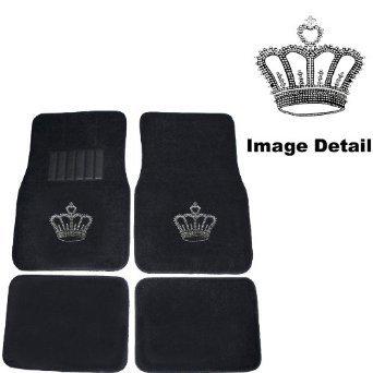 Crown rhinestone bling front & rear carpet floor mats - car truck suv