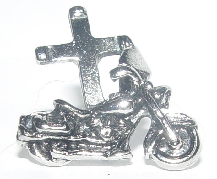 Cross and motorcycle chrome vest pin christian biker