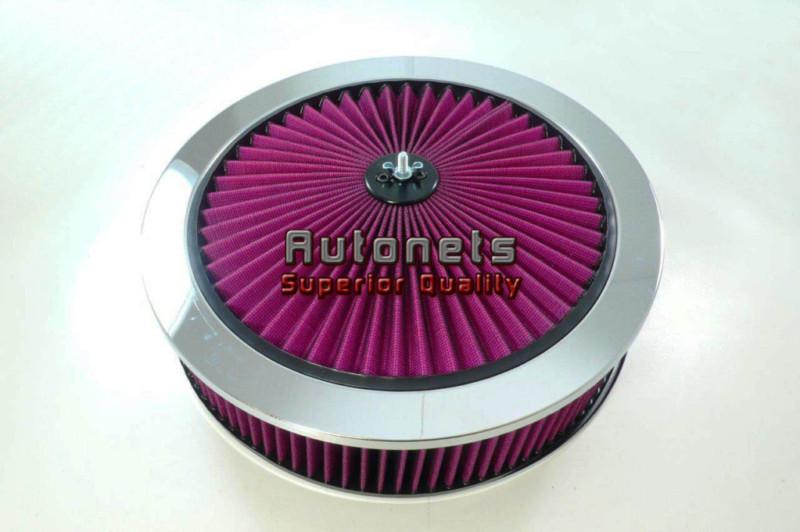 14" round washable air cleaner street rod super flow top chrome lid flat base