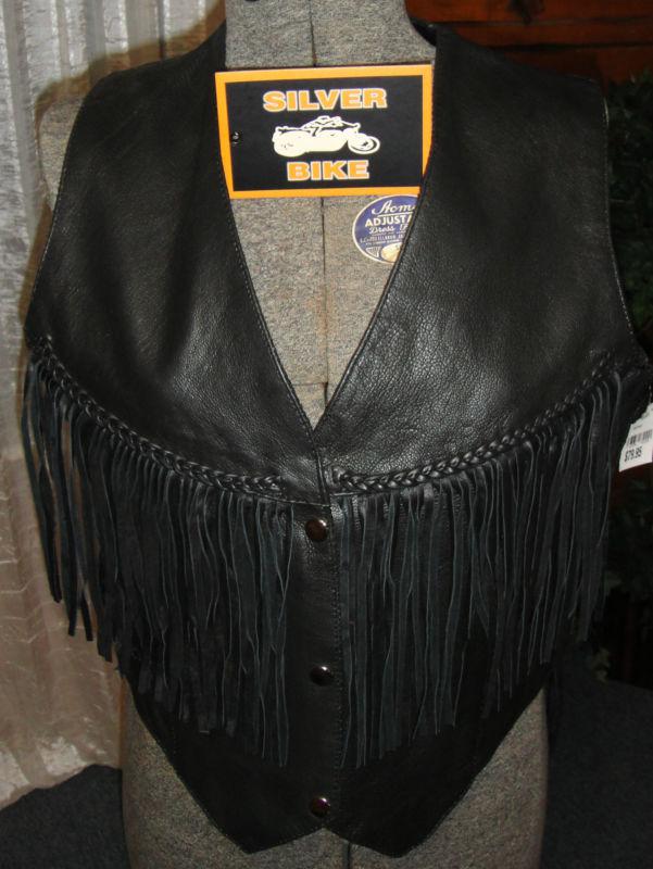 Womens xl silver bike leather fringe motorcycle riding vest black new with tags 