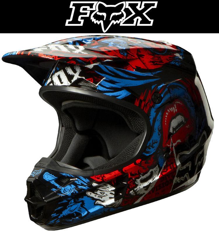Fox racing v1 creepin blue red black white dirt bike helmet motocross mx atv '14