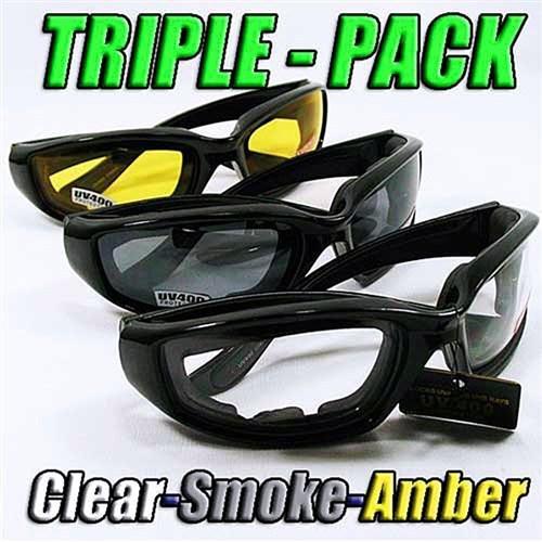 Three pack foam padded motorcycle biker atv glasses w/smoke-clear-amber lenses