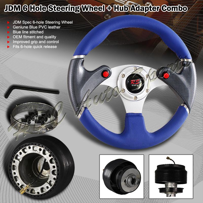 320mm blue pvc leather red button 6-hole steering wheel+civic/integra/delsol hub