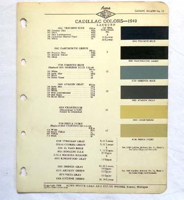  1949 cadillac acme color paint chip chart all models original