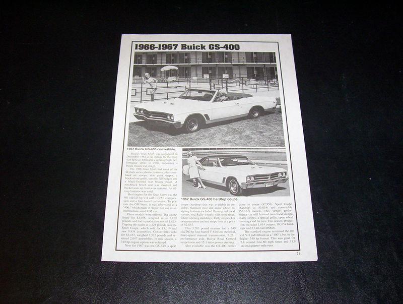 The 1966 to 67 buick gs 400 car info spec page free ship!