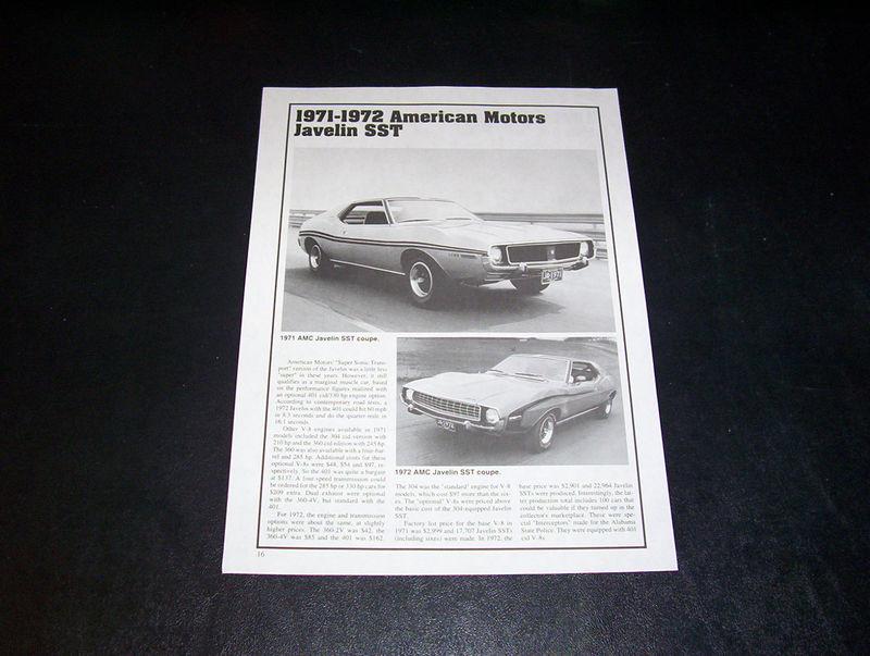 The 1971 to 72 amc javelin sst car info spec page free ship!