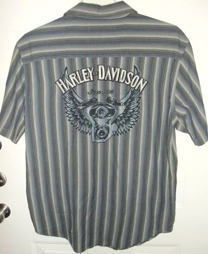 Harley davidson embroidered gray stripe woven short sleeve mechanic shirt large