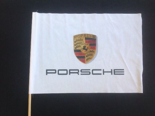Porsche flag, white 19&#034;x13 3/4&#034;, 27 1/2&#034; pole, stuttgart, raceway memorabilia