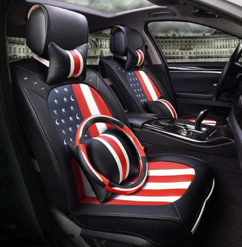 Us flag pu leather car seat covers front pair set 7pcs black+red 2016 new