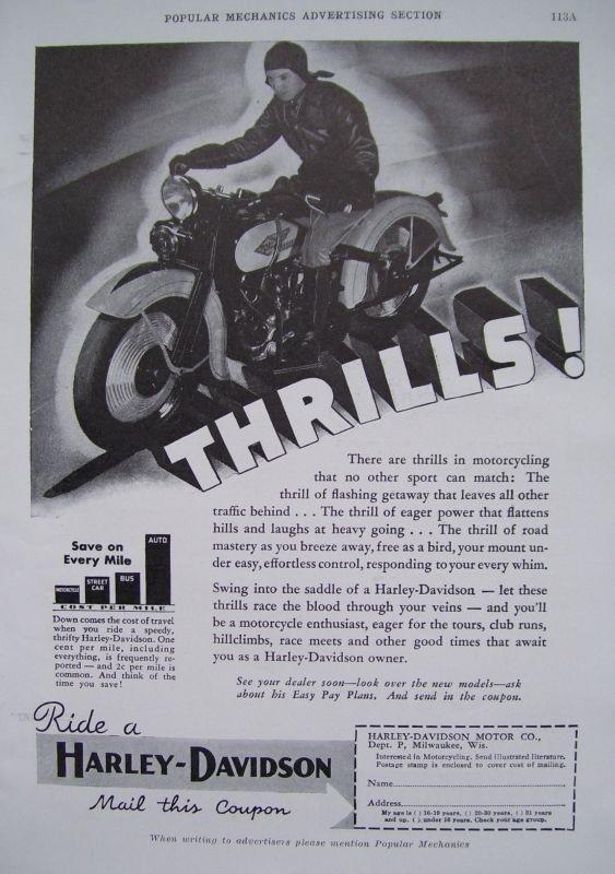 1934 harley-davidson vintage motorcycle print ad * thrills!!