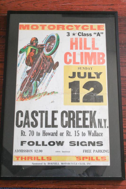 Framed original vintage motorcyle hill climb poster hornell mc castle creek ny