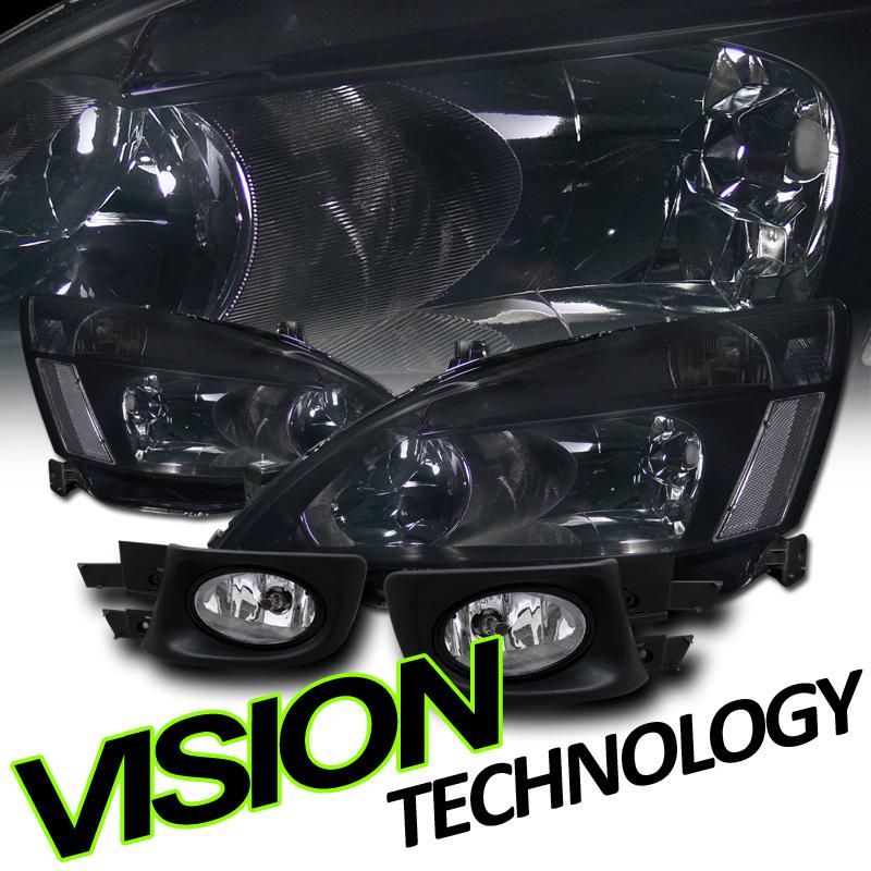 Pair 03-05 accord 4d/4dr smoke lens headlights+clear driving/bumper fog lights