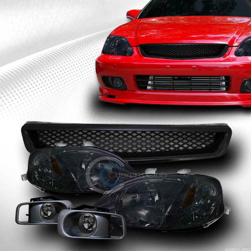 Smoke head light signal amber+front mesh grill grille blk+bumper fog 99-00 civic