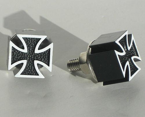 2 black "iron cross" motorcycle license plate frame bolts - lic fastener screws