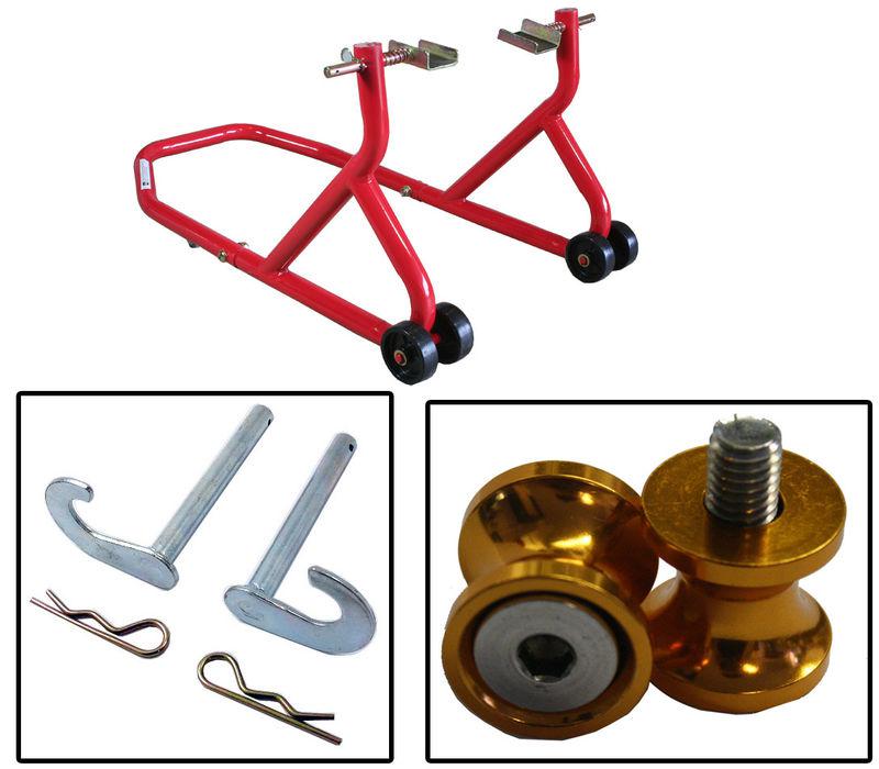 Biketek series 3 red rear stand with gold bobbin spools 10mm yamaha yzf750 all