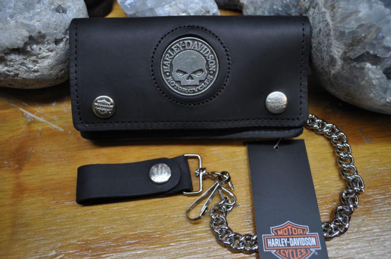 Harley-davidson willie g skull medallion 6" leather wallet w/ chain  made in usa