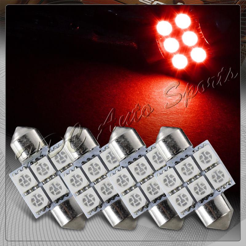 4x 31mm 6 smd red led festoon dome map glove box trunk replacement light bulbs