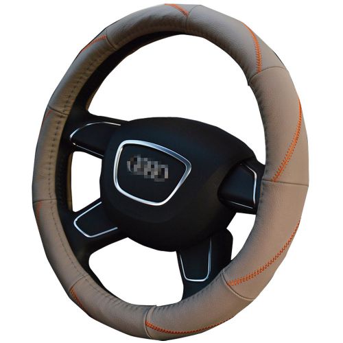 Beige synthetic leather steering wheel cover 38cm with bronze stitch auto grip