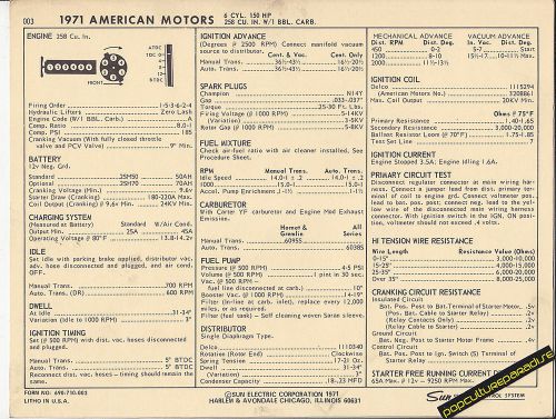1971 american motors amc 150 hp / 258 ci 6 cyl. car sun electronic spec sheet