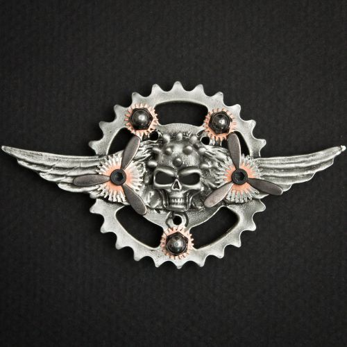 Winged skull steampunk altered art sky captain pewter concho biker pin