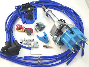Sb chevy sbc small cap h.e.i hei distributor kit w/ plug wires e-core coil blue