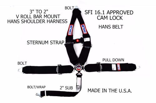 Rjs sfi 16.1 5 point hans cam lock v roll bar mount sternum strap belt black
