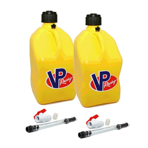 2 pack vp racing yellow 5 gallon square fuel jug/2 shut off hoses/water/gas can