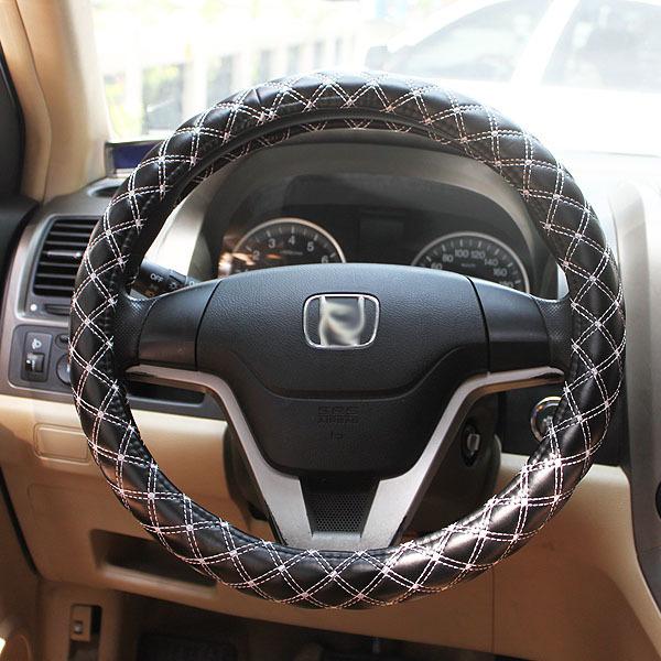 Soft pu leather stitched steering wheel cover 38cm dia black and white line