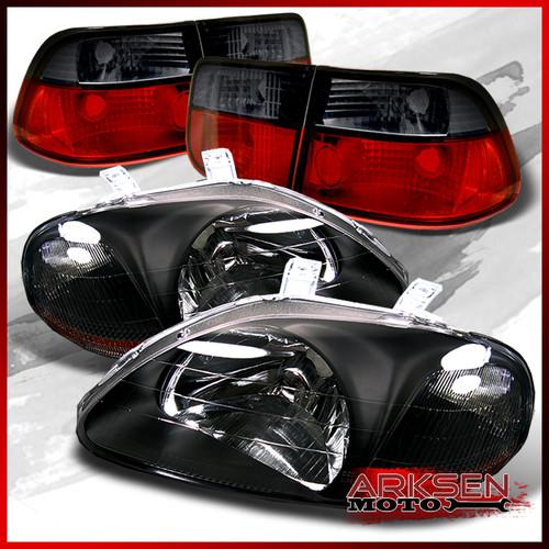 96-98 honda civic 2 door black replacement headlights+ red smoked tail lights