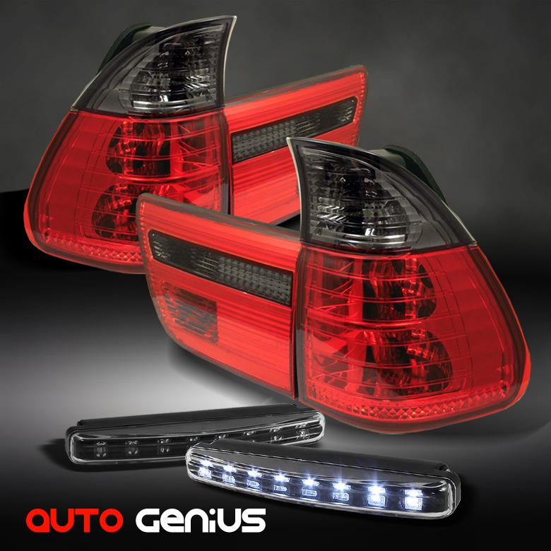 00-06 bmw e53 x5 red/smoked tail lights + daytime led running lights drl combo