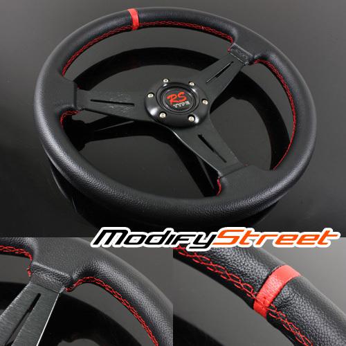 Universal 6 bolt drifting steering wheel black leather/red stitch/black spoke