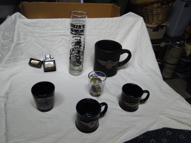 Harley-davidson cups and shot glasses