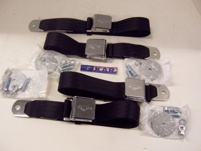 1965 to 1973 mustang black seat belts;chrome flip buckle.running horse logo-(4)