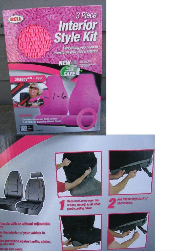 New bell shaggy pink interior car seat covers & wheel cover