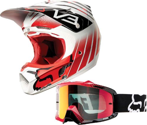 Fox racing red v3 savant helmet with white/red airspc 360 race goggle