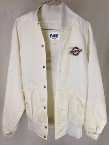 80&#039;s-90&#039;s vintage harley davidson varsity white motorcycle dealer jacket, mens l