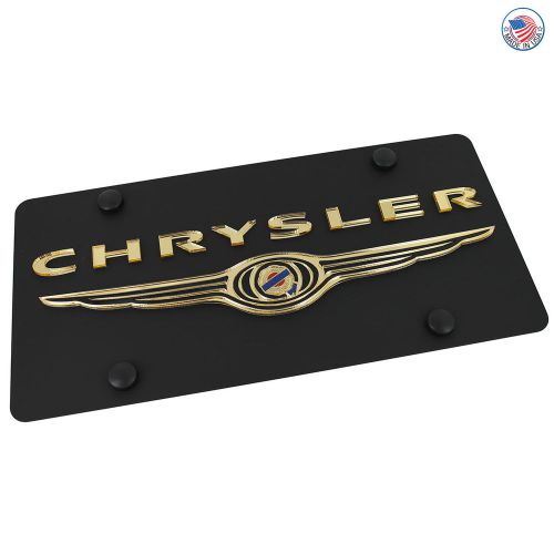 Chrysler gold wing logo + name carbon black stainless steel license plate