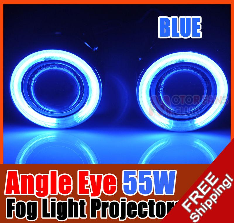 Pair 55w universal halogen fog light projectors + ccfl halo angel eye [blue]