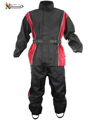 Xelement mens 2 piece black and red motorcycle rainsuit with boot strap