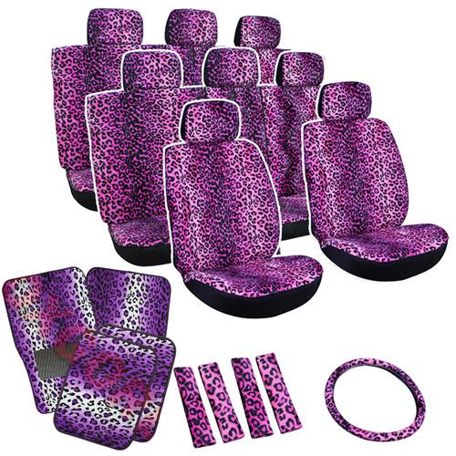 26pc set seat cover purple leopard cheetah animal floor mat+wheel+belt+head-pads