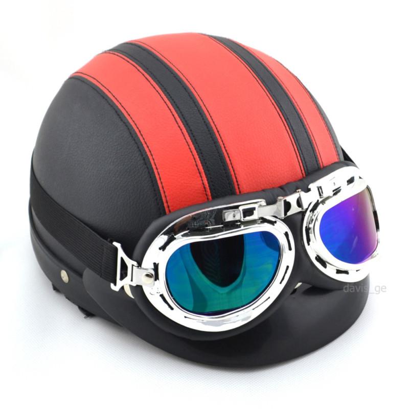 Black&red half motorbike open face motorcycle helmet free goggles size l