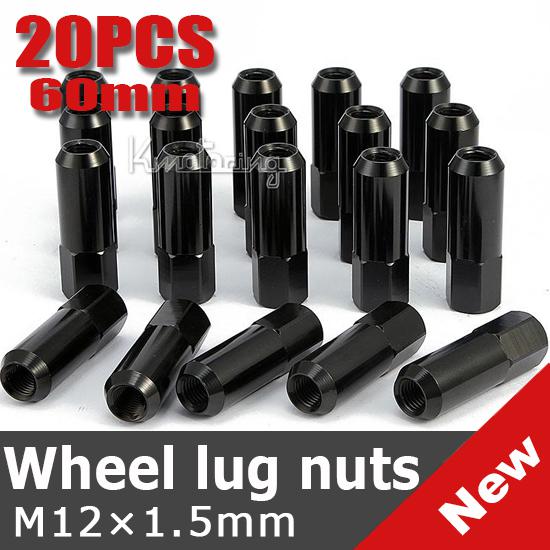 20x black 60mm aluminum extended tuner lug nuts lugs for wheels/rims m12x1.5mm
