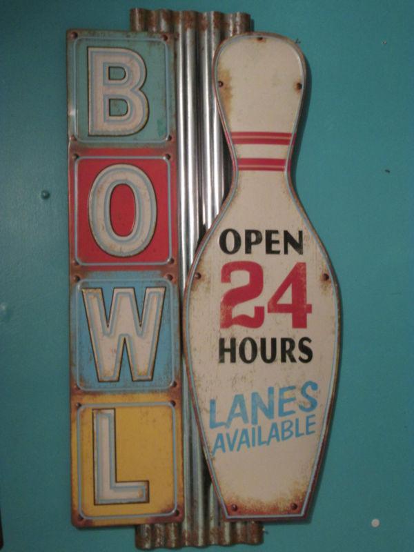 Retro bowl bowling 24 hours kitchen mancave garage metal sign 27x14 wall art