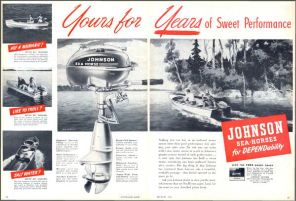 1948 johnson 5 hp outboard motor ad - 2 page original advertisement