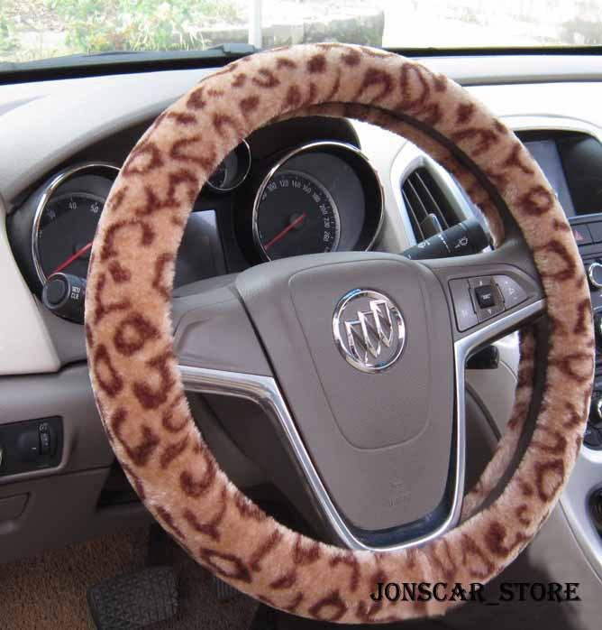 Soft warm leopard plush auto car steering wheels cover anti-slip 38cm 15" brown