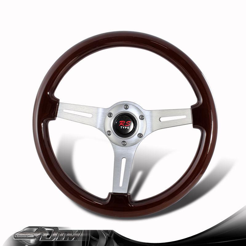 Universal 6-holed bolt 345mm deep dish dark wood grain style steering wheel