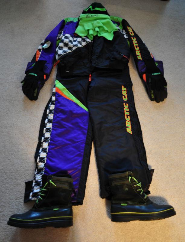 Arctic cat snowmobile clothing for 2 - (jacket, pants, boots, gloves, & hats)